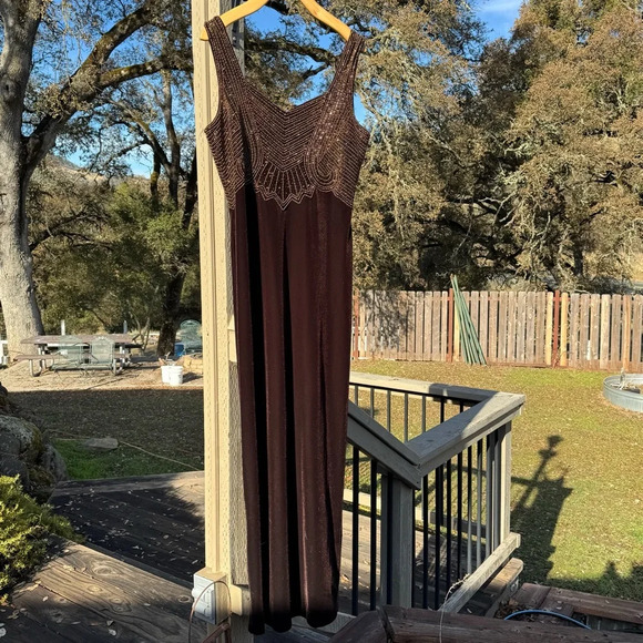 Y2K Velvet Beaded long maxi dress brown size 10 zipper closure amazing detail - Picture 10 of 11